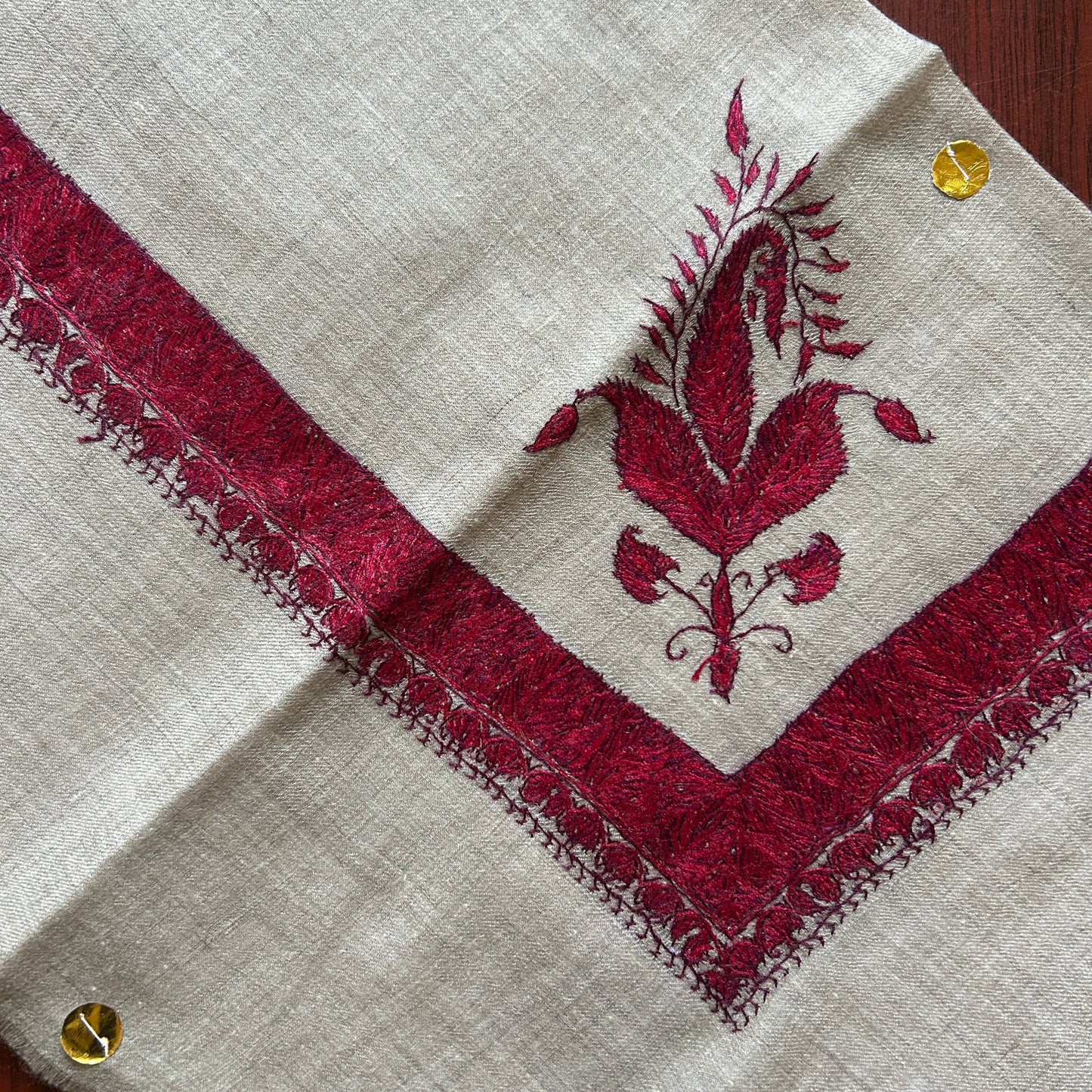 Red on Natural Pashmina Handmade Shawl
