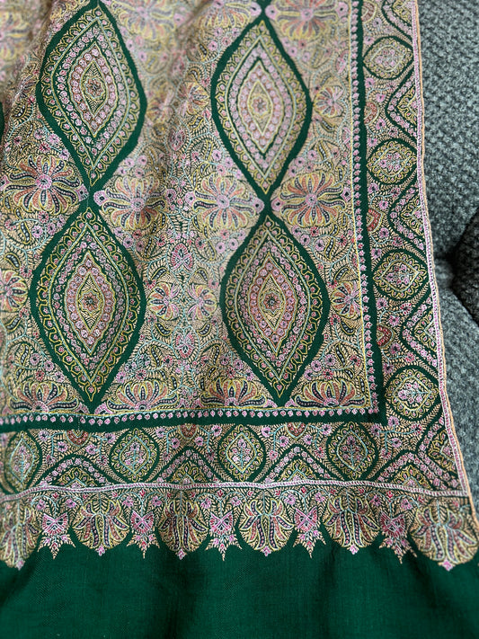 Antique Emerald Green Silk & Pashmina Jamawar