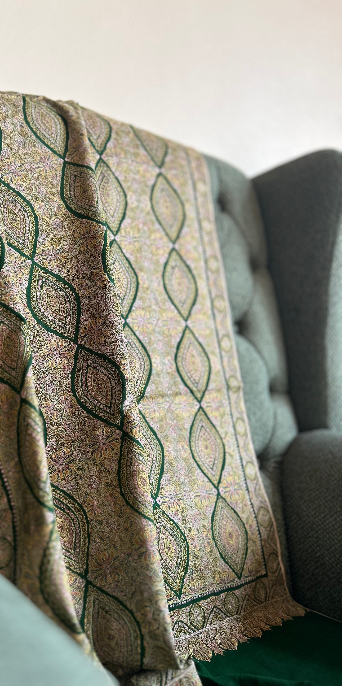 Antique Emerald Green Silk & Pashmina Jamawar