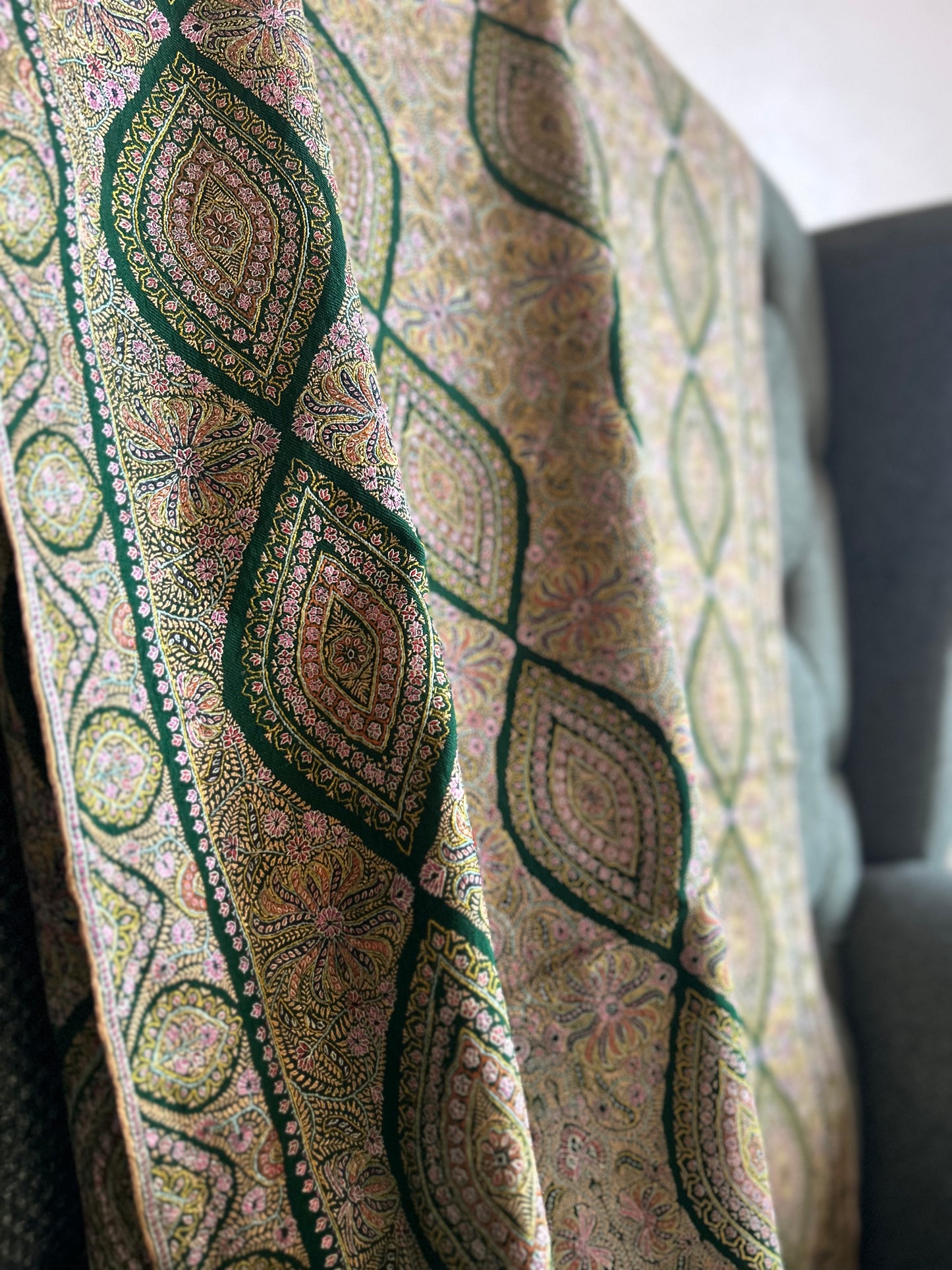 Antique Emerald Green Silk & Pashmina Jamawar