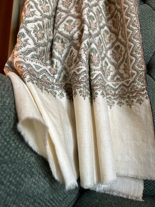 Antique Cream White Silk & Pashmina Jamawar
